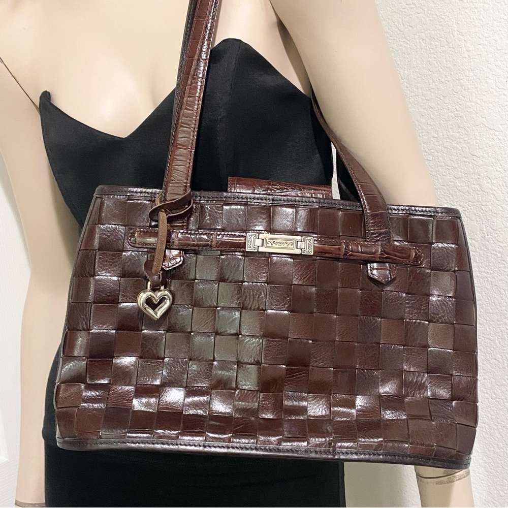 Vintage BRIGHTON Mahogany Brown Leather Woven Double Handle Strap Shoulder Bag